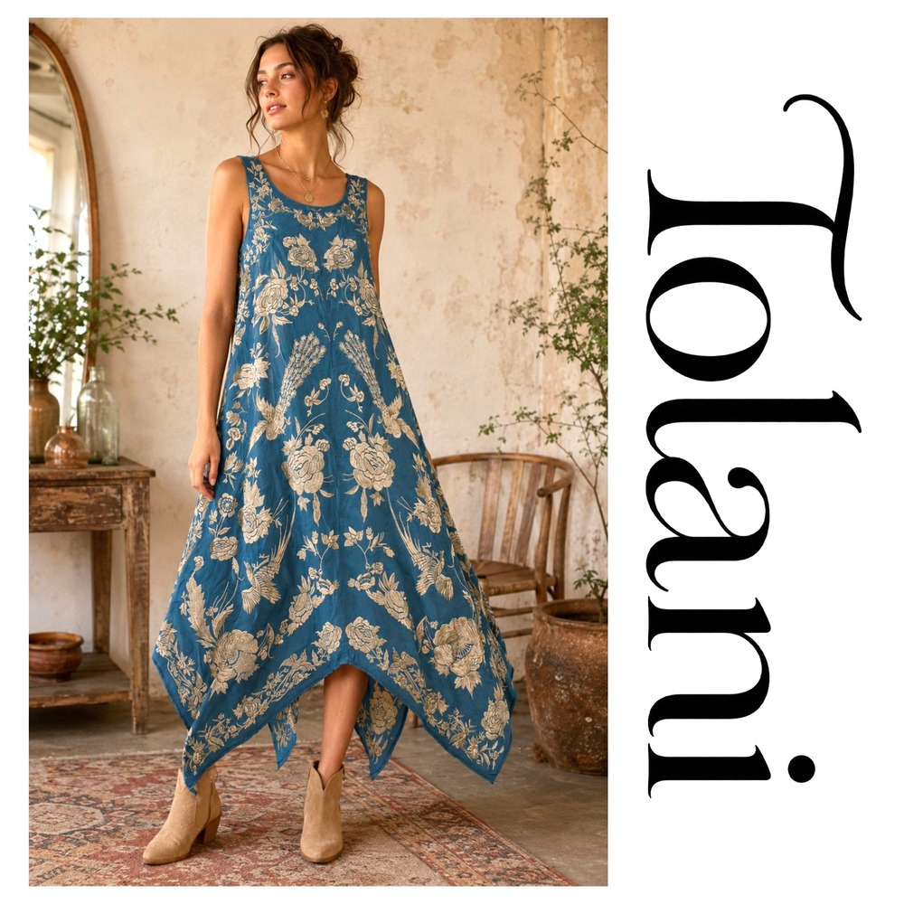 Tolani Teal Blue Embroidered Floral Bird Handkerchief Hem Boho Midi Dress L